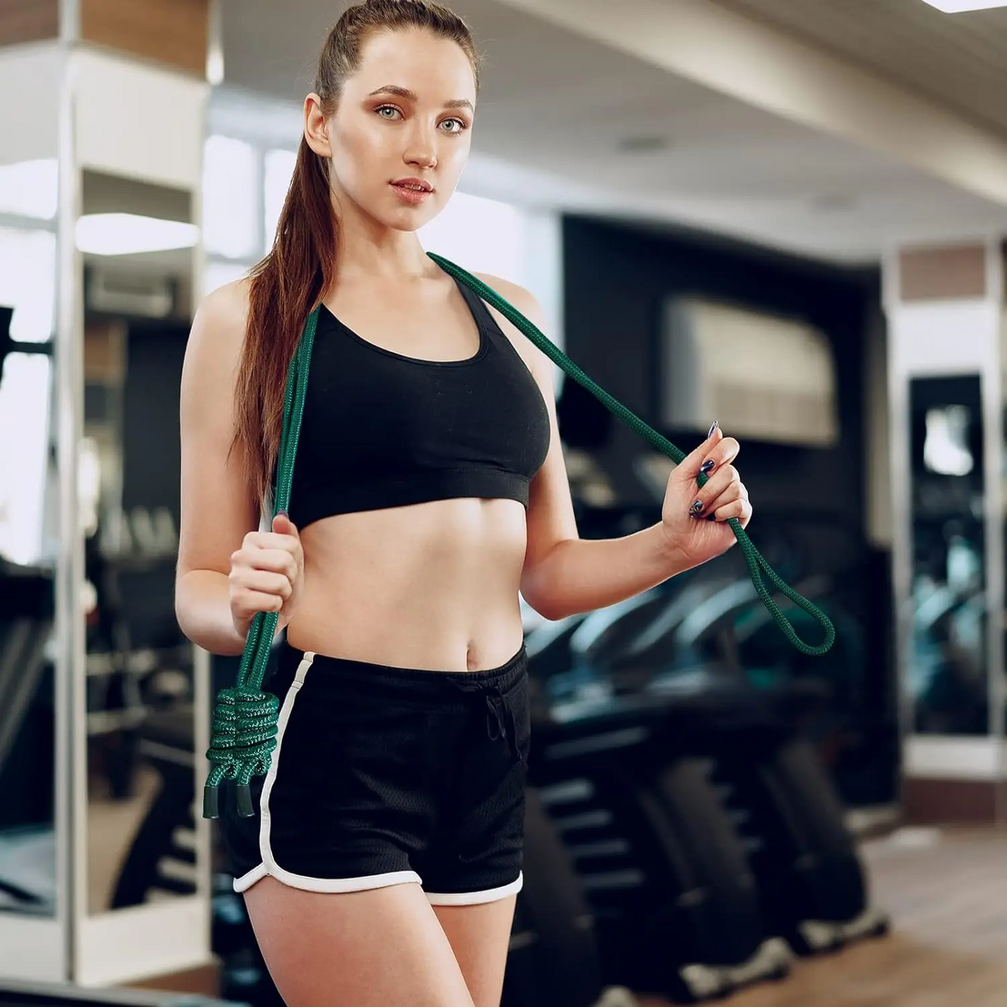 corde-a-sauter-lourde-femme-brassiere-et-short-noirs-salle-de-sport
