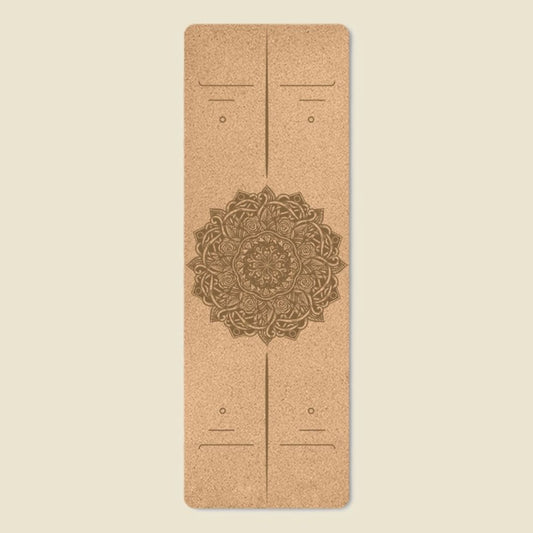 tapis de yoga liège avec-motifs déroulé sur sol
